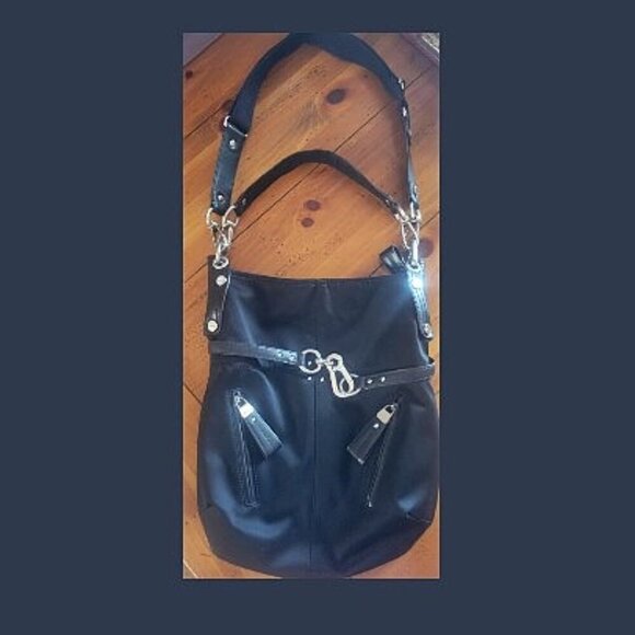 B-Makowski Black Buckled Shoulder Bag - Mixed Leather/Fabric - Picture 1 of 16